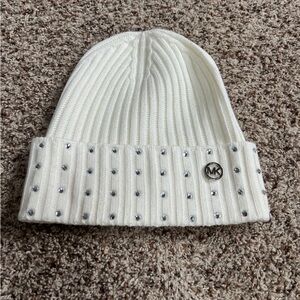 Michael Kors White Ribbed Knit Beanie Hat w/ Silver Stud Embellishments